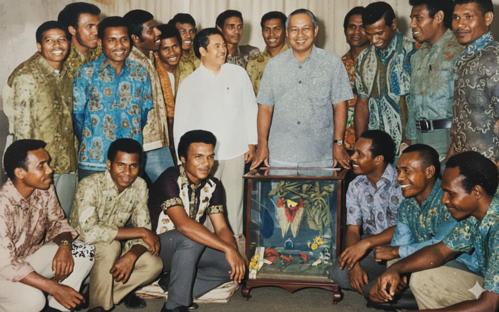 Persipura Foto bersama Presiden Soeharto tahun 1976. Restorasi foto menggunana Gemini. (IST)